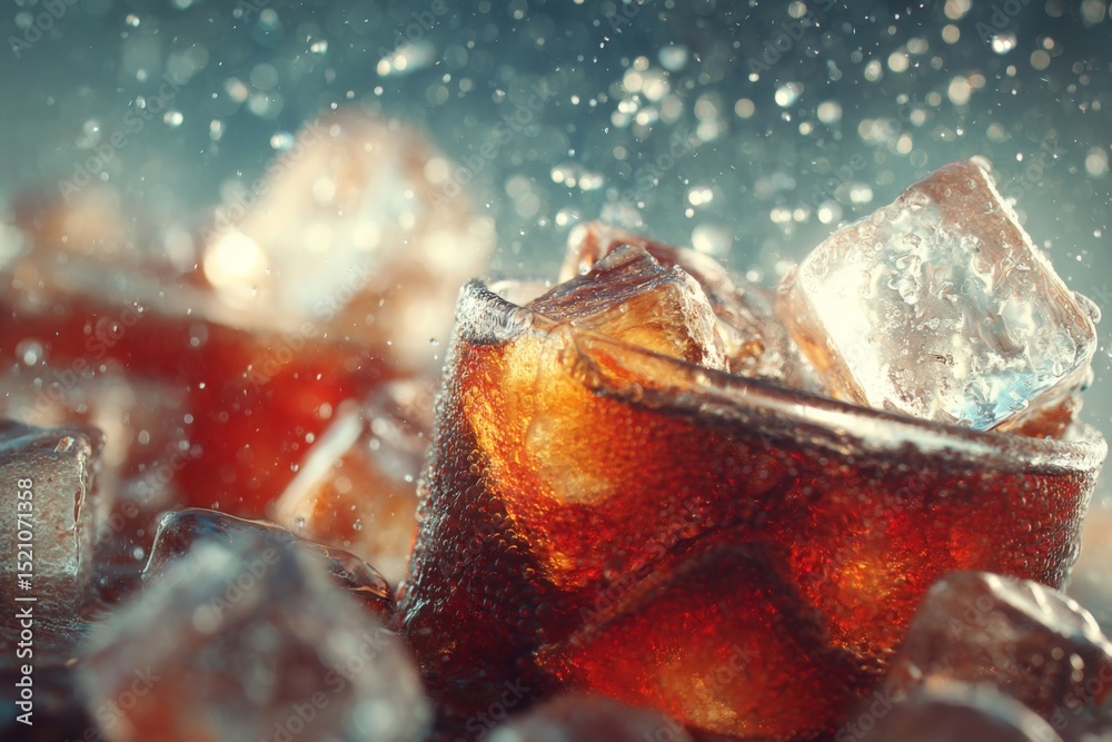 Poster refreshing drink with ice cubes splashing, captured in a close-up during a sunny afternoon