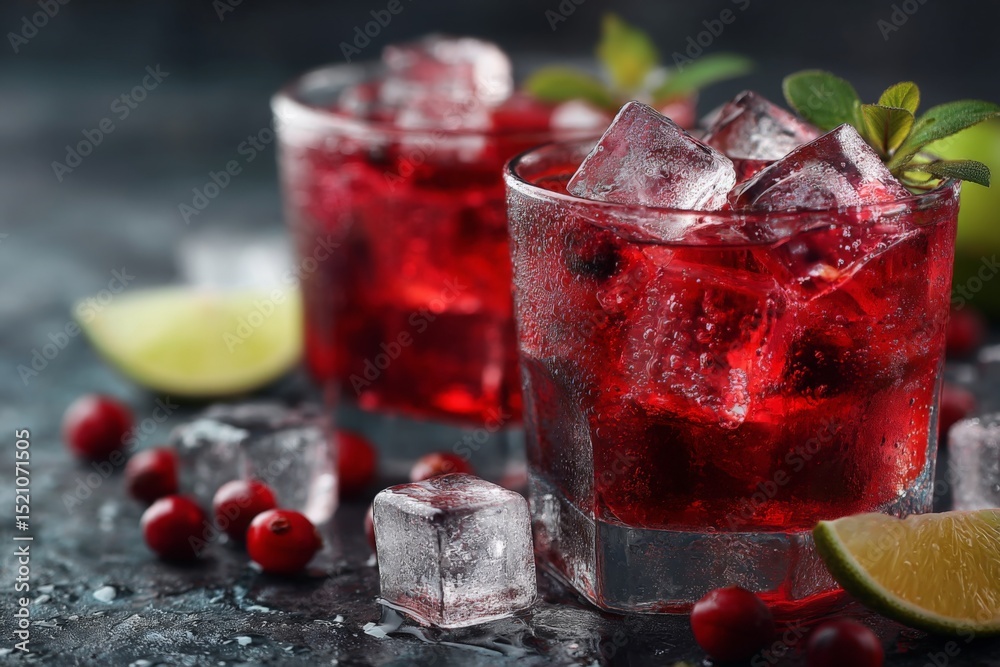 Poster refreshing summer drink with mixed berries and lime on a dark textured surface