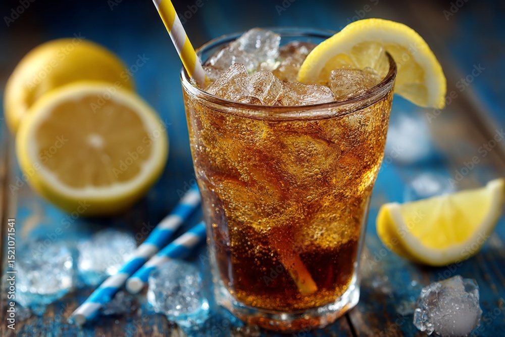 Aufkleber Refreshing drink with ice and lemon served on wooden table with decorative straws in a cozy setting