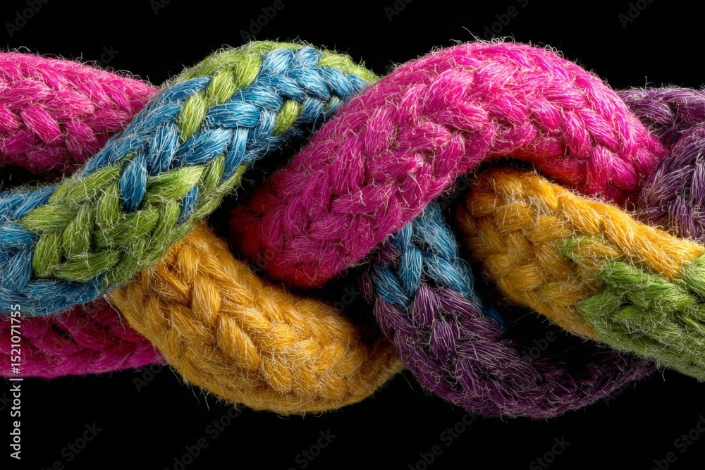 Poster colorful woven ropes intricately intertwined against a dark background create a striking visual disp