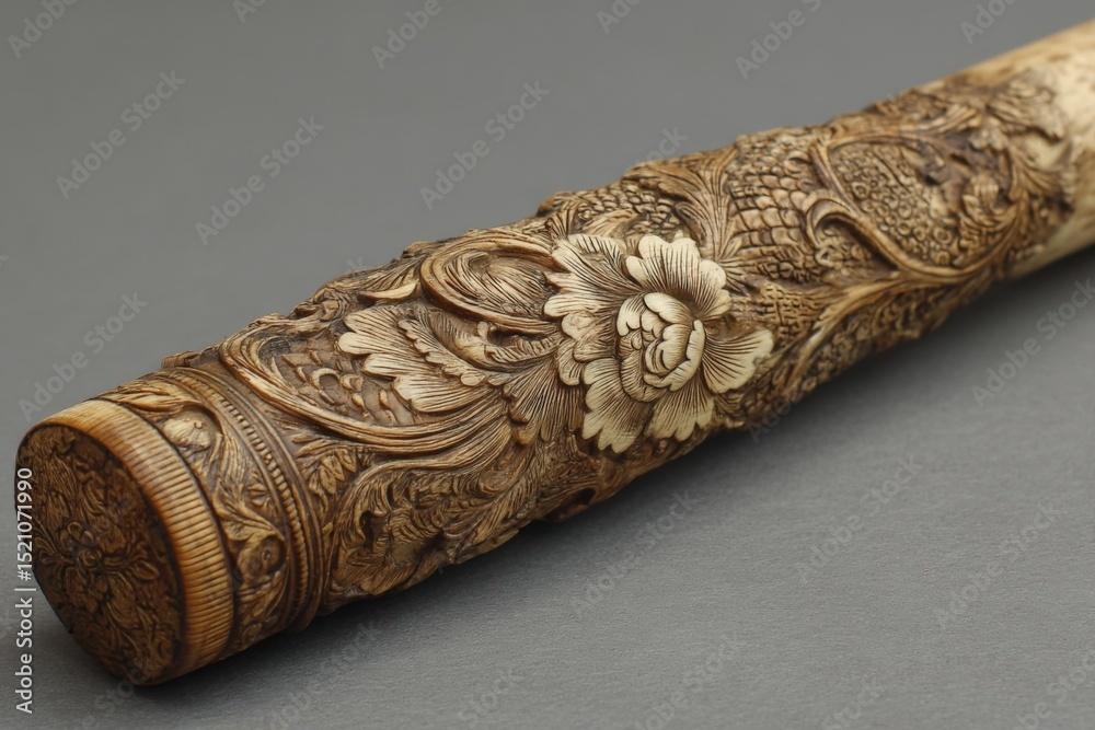 Aufkleber Intricate carved handle with floral patterns made of ivory displayed on a gray background