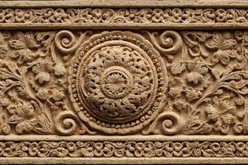 Obraz premium Intricate stone carving featuring floral patterns and circular designs at a historical site in India during midday