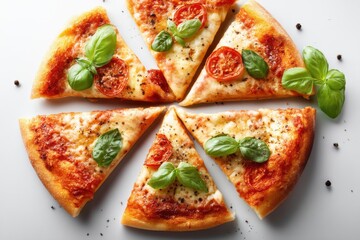 Delicious homemade pizza slices with fresh basil, tomato, and mozzarella cheese, perfectly arranged on a clean, white background, ready to serve and enjoy.
