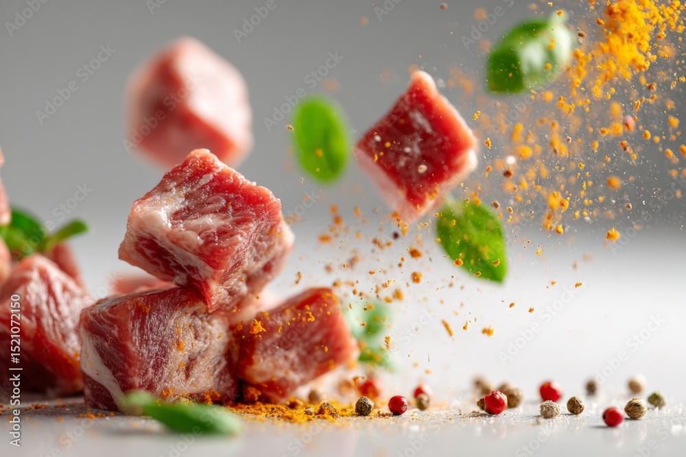 Poster chunks of raw meat with spices and herbs flying in the air during preparation in a kitchen setting