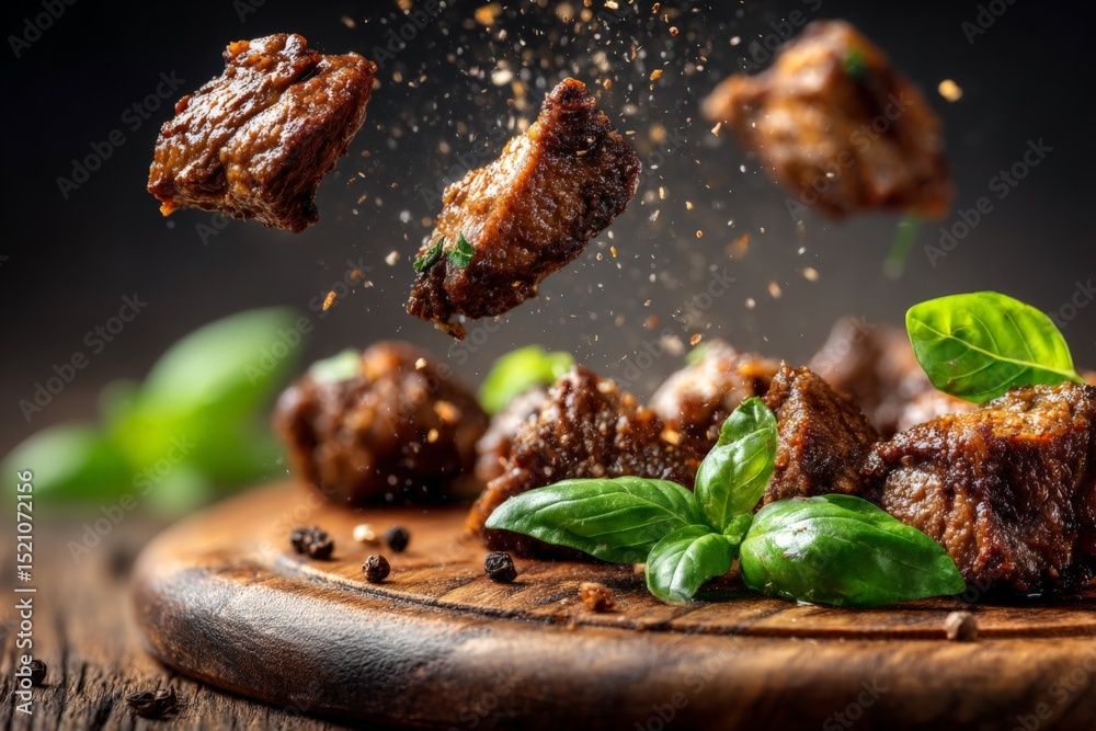 Poster juicy beef cubes tossed with fresh herbs captured in a rustic kitchen setting during evening hours