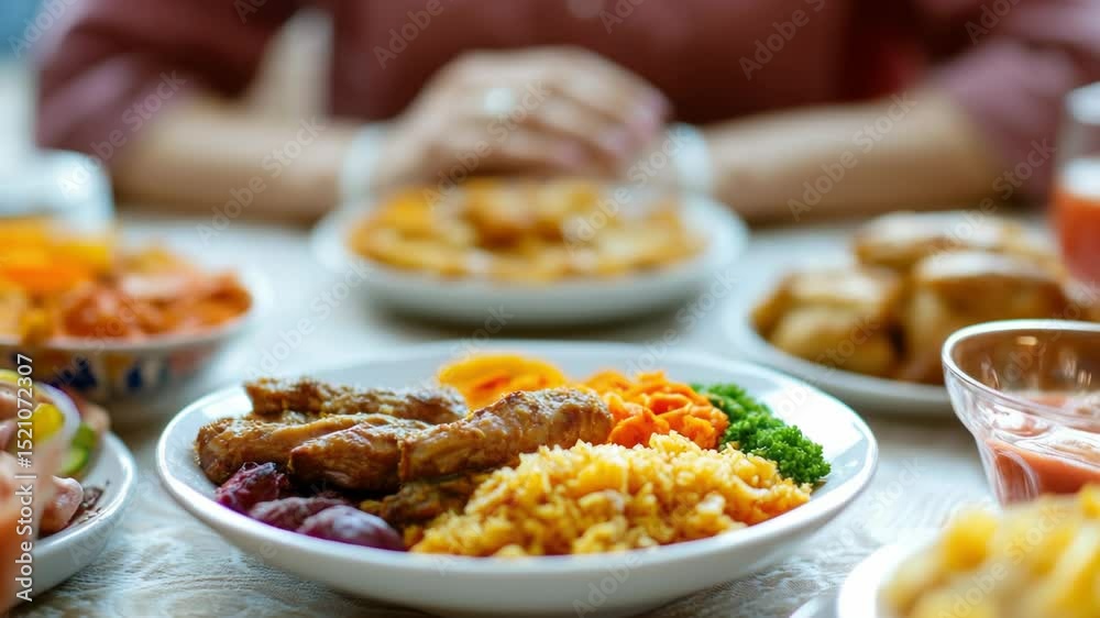 Poster a person enjoying a meal with various dishes on the table