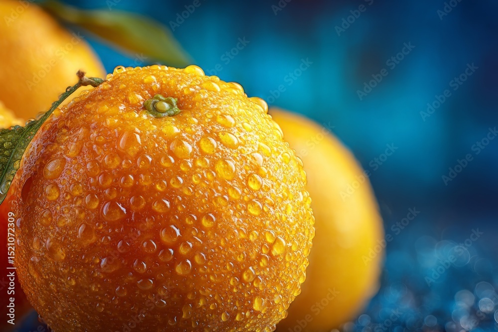 Poster Fresh oranges with water droplets on a blue background create a vivid and refreshing atmosphere in a close-up view