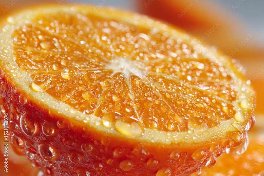 Poster freshly sliced orange half covered in water droplets on a blurred background with additional orange 