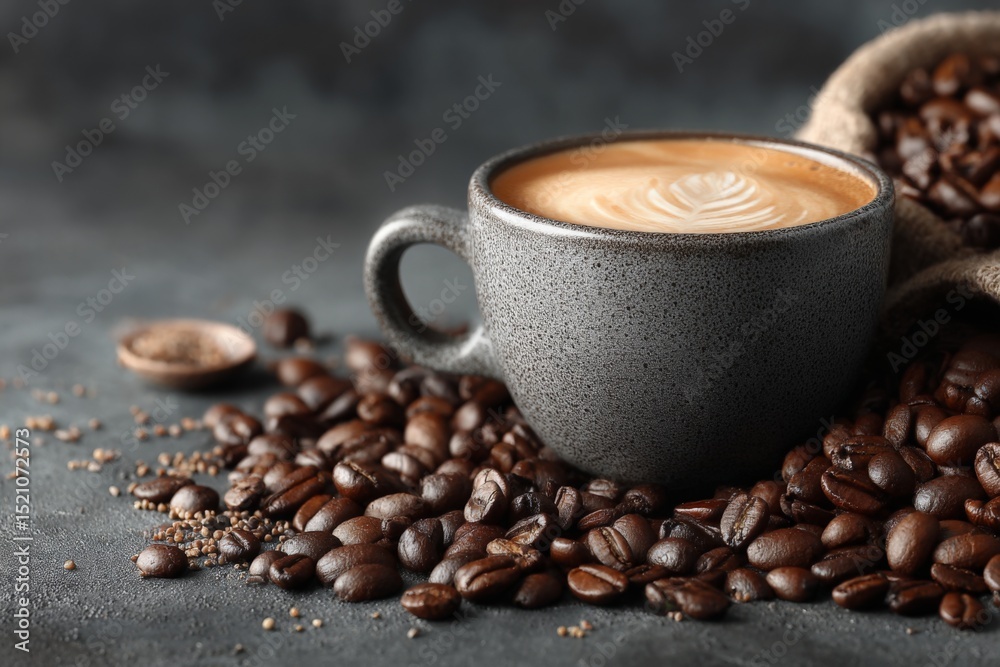 Poster rich espresso served in a textured cup surrounded by coffee beans on a dark surface