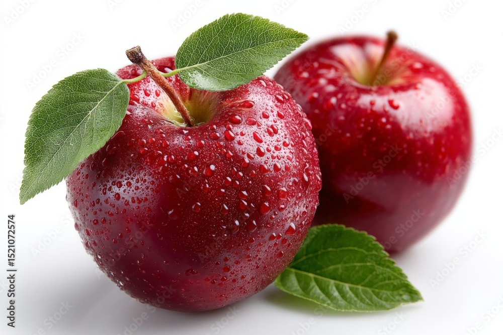Poster fresh red apples with droplets and leaves on white background showcasing their vibrant color and tex