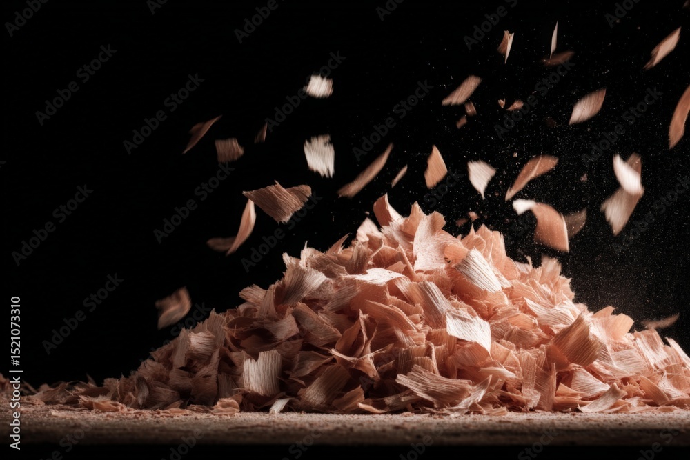Poster Wood shavings cascade from above, creating a dynamic display of texture and movement in a dark environment