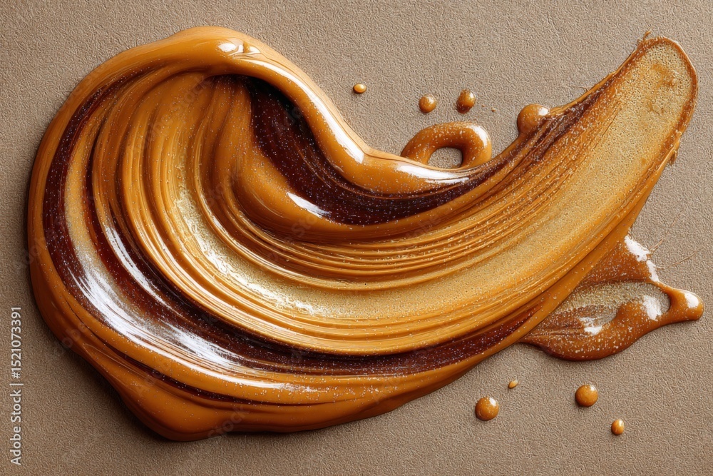 Poster swirling patterns of golden brown toffee sauce spread across a textured surface