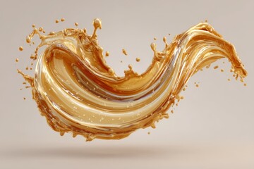 Splashes of golden liquid create an elegant wave in mid-air against a neutral backdrop