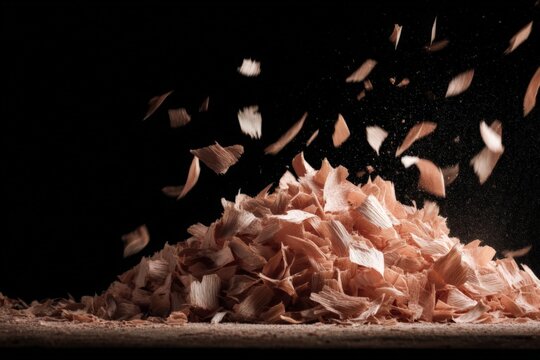 Wood shavings cascade from above, creating a dynamic display of texture and movement in a dark environment - Powered by Adobe