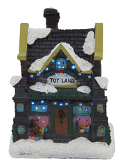 Cement castle house with snow Christmas decorations with flashing lights toy cut out isolated transparent background