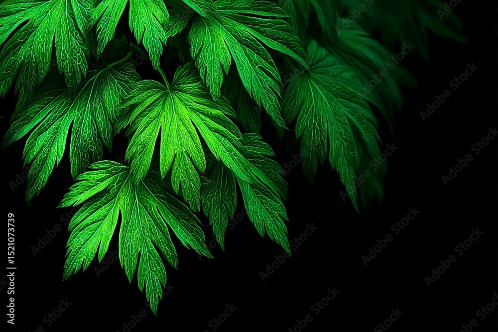 Poster lush green leaves with intricate textures against a dark background create a serene natural ambiance