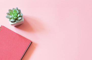 red diary or planner  with succulent plant pot on pink background with copy space.