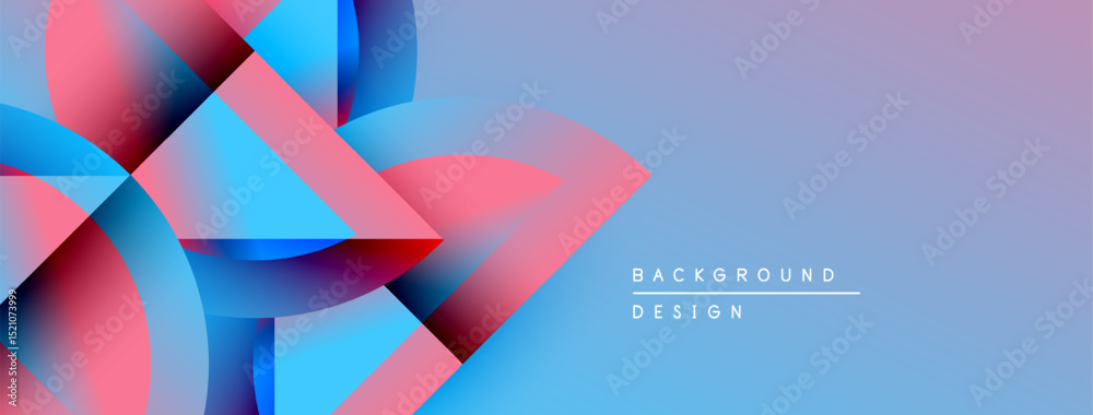 Poster Abstract geometric shapes blend vibrant blues, pinks, purples. Gradient background creates dynamic visual effect. Minimal text indicates design focus.
