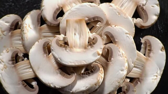 Pile Of Sliced Agaricus Bisporus Mushrooms On Black Background