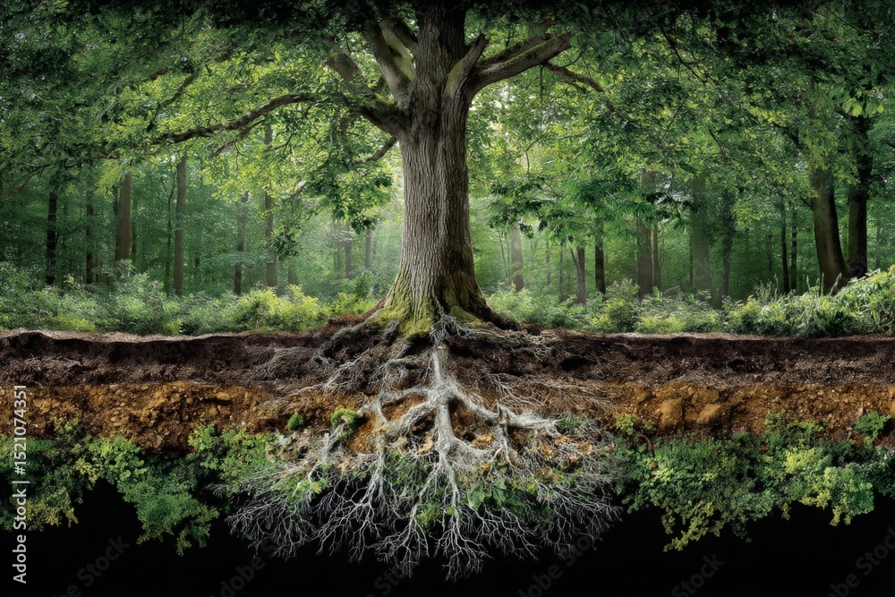 Poster Majestic tree displays intricate root system in a lush forest setting during daylight