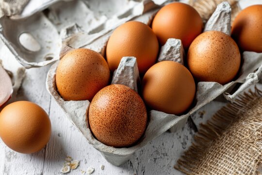 A close-up shot of brown eggs in an egg carton on a white wooden table, featuring rustic burlap and focus on natural and organic food ingredients.