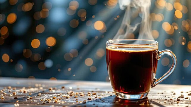 Hot Coffee in a Transparent Glass on Wooden Table with Blurred Background and Soft Light Effects Creating a Cozy Atmosphere for Morning Relaxation