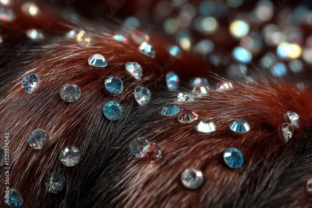 Poster sparkling crystals scattered on luxurious fur create an elegant texture in vibrant hues