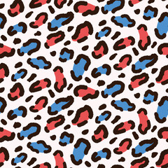 Red and blue  abstract Leopard Print seamless pattern on white background. For fabric, textile and home décor