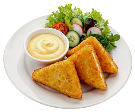 Crispy breaded cheese triangles served with a fresh side salad and dipping sauce