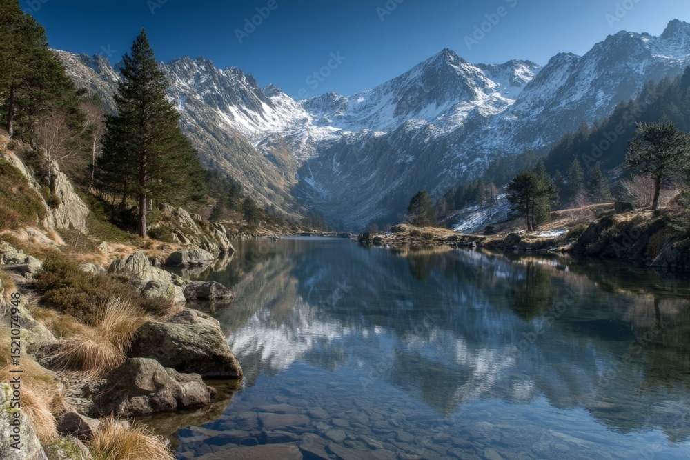 Poster snow-capped mountains reflecting in a serene lake surrounded by pine trees at midday
