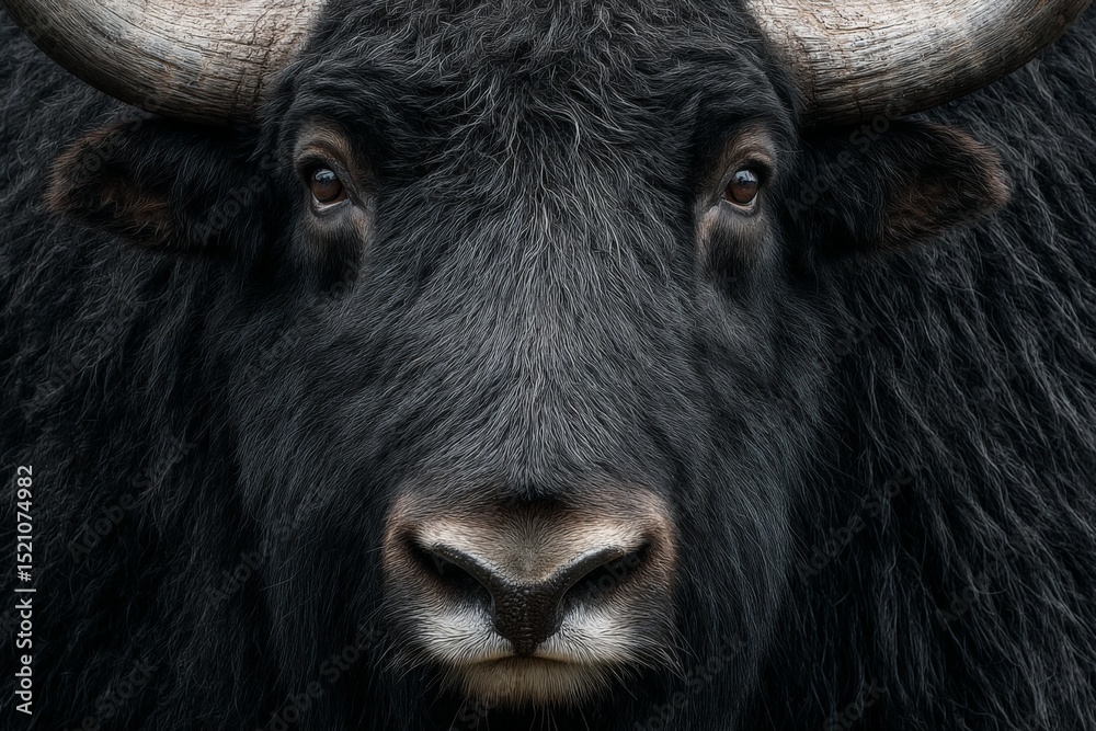 Poster close-up view of a yak showcasing its thick fur and expressive eyes in a natural setting during dayl