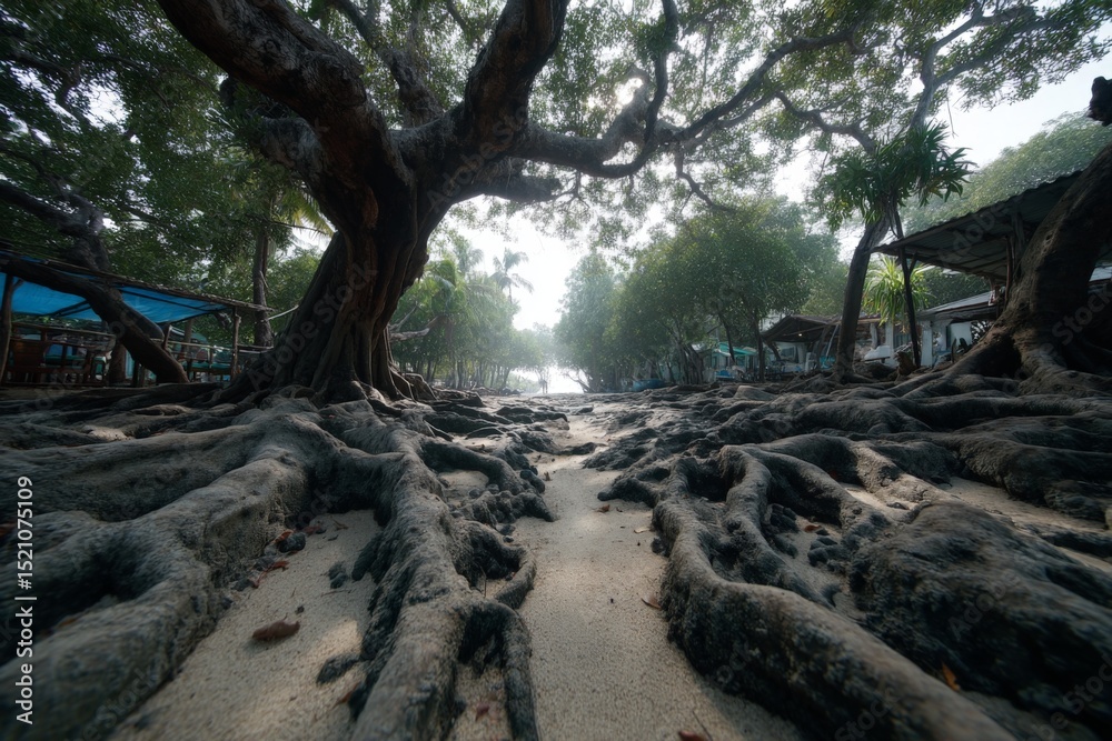 Poster roots intertwine with sandy beach at a serene coastal location surrounded by lush greenery and tranq