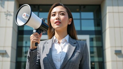 Asian businesswoman with megaphone in grey suit speaking passionately in front of office building. Corporate leadership concept - Powered by Adobe