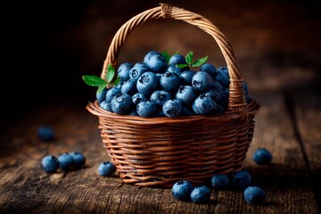 Juicy blueberries fill a woven basket resting on a textured wooden table. The soft morning light highlights the vibrant color and adds warmth to the scene. Leaves provide a natural touch