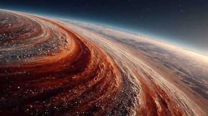 Close-up of orange-red planet edge with swirling textures and subtle shadows creating depth. Focus on unique coloration and intricate surface details. Ideal for sci-fi concept art, astronomy education