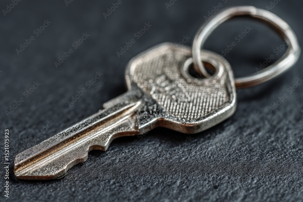 Poster Close-up view of a metal key resting on a dark surface highlighting fine details of its design and texture in natural light