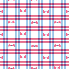 Blue and red plaid tartan with preppy bows seamless pattern. For independence day background,  fabric and textile.