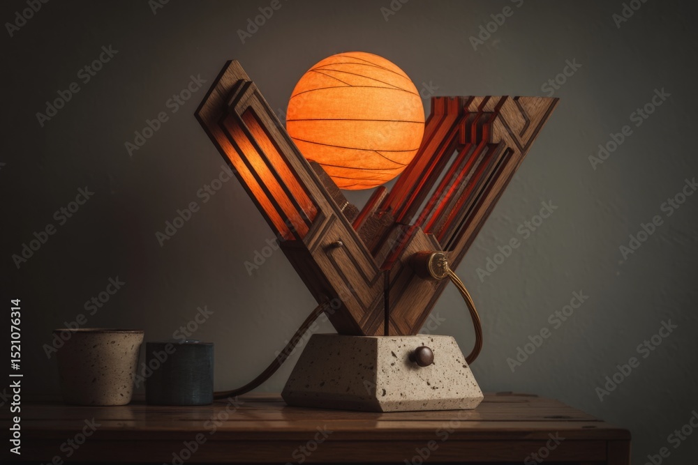 Poster unique modern lamp design featuring geometric wooden structure and glowing orb in a dimly lit room