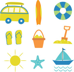 Summer beach 9 isolated elements  featuring life buoy, starfish, rv, surfboard, sun, sand bucket, boat and flip flops . For summer banners, shirts and clip art