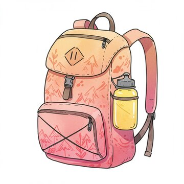 A charming cartoon illustration depicts backpack with pink and orange watercolor texture adorned tree motifs, along yellow water bottle in its side pocket.