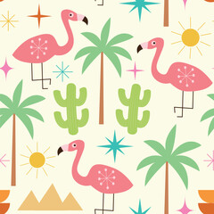 Mid century Palm springs Flamingo with palm trees, cactus, sun and atomic starbursts seamless pattern on white background. For wallpaper, fabric and home décor