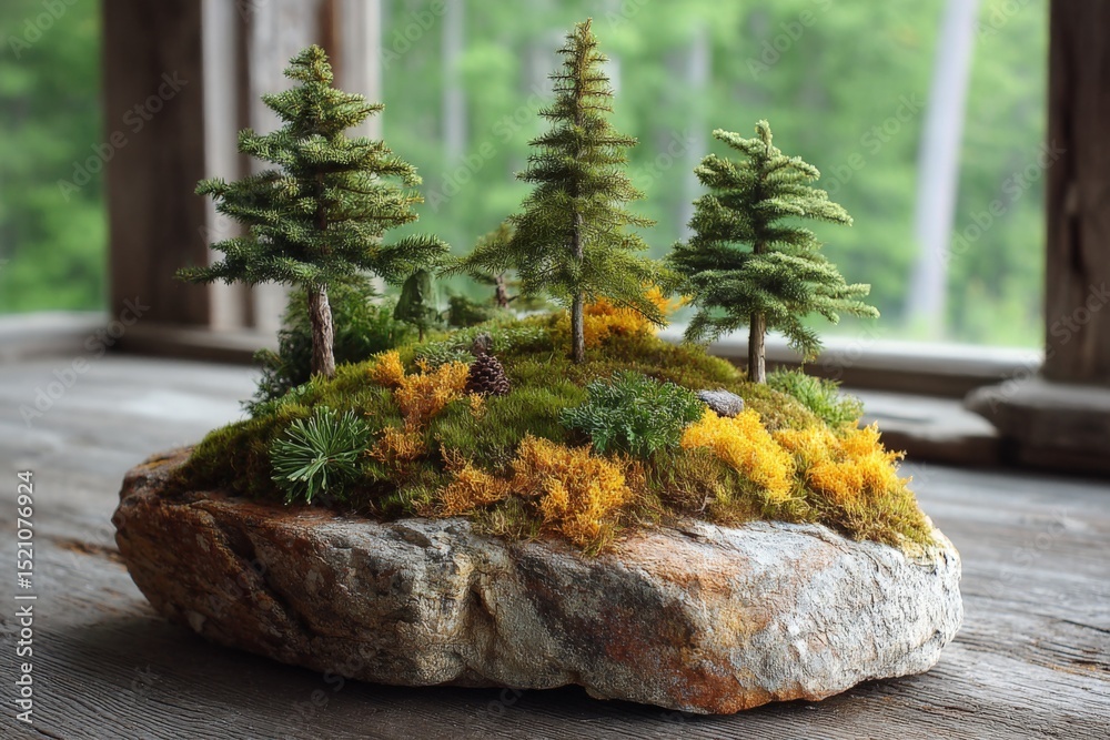 Poster miniature landscape features lush greenery and miniature trees on a rustic stone base indoors