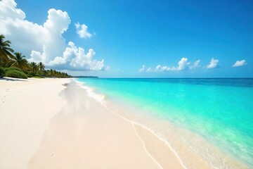 Fototapeta premium Endless horizon of a tranquil beach, soft sand meets calm turquoise water, idyllic coastal scene perfect for relaxation and escape , warmth, landscape
