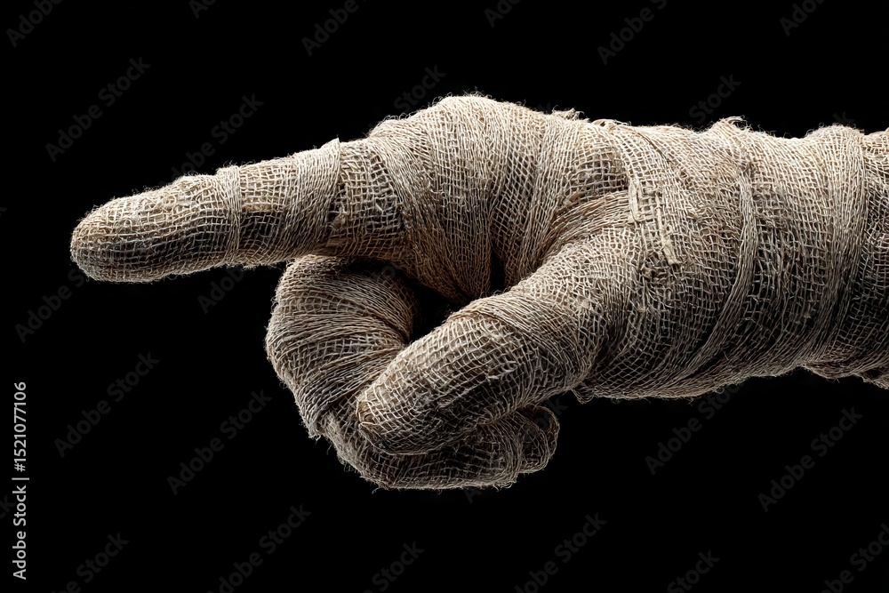Poster hand wrapped in cloth pointing forward, showcasing texture and detail against a black background
