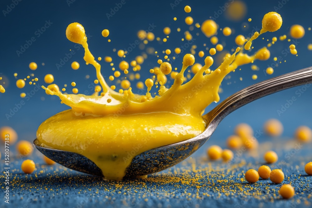 Poster yellow mustard splash on a spoon creates an artistic display of droplets and textures against a blue