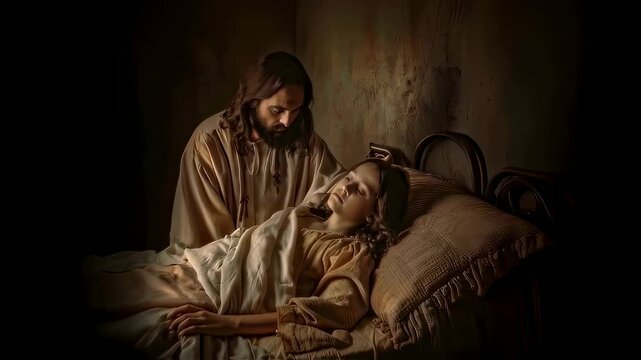 Jesus Christ at the bedside of a sick girl, praying, healing her. The Gospel story of the resurrection of Jairus' daughter. For Christian publications