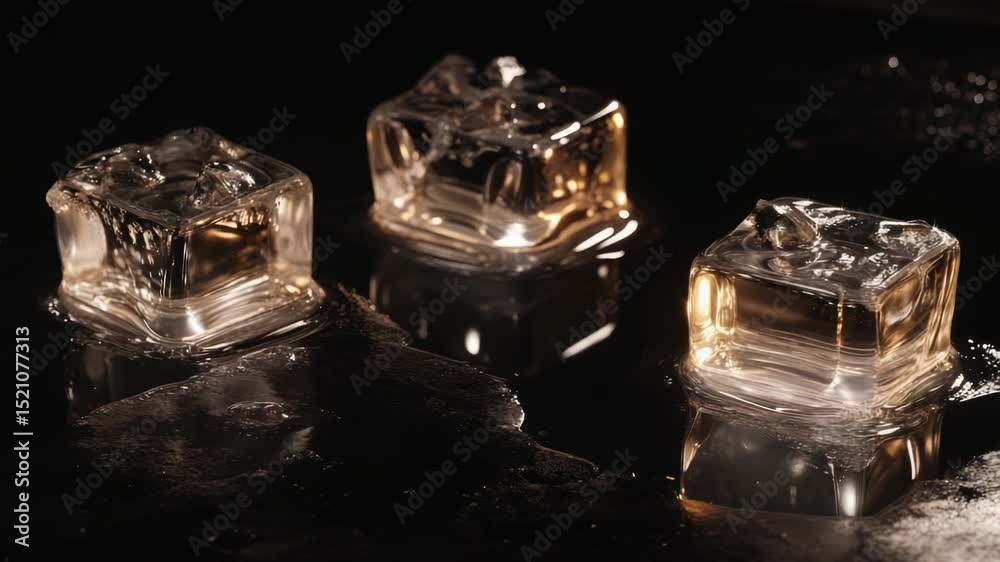 Poster three transparent ice cubes resting on a flat surface
