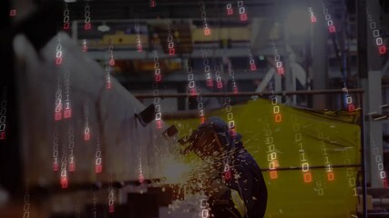 Factory worker striking torch while welding beam joints as sparks scatter under binary overlay - Powered by Adobe