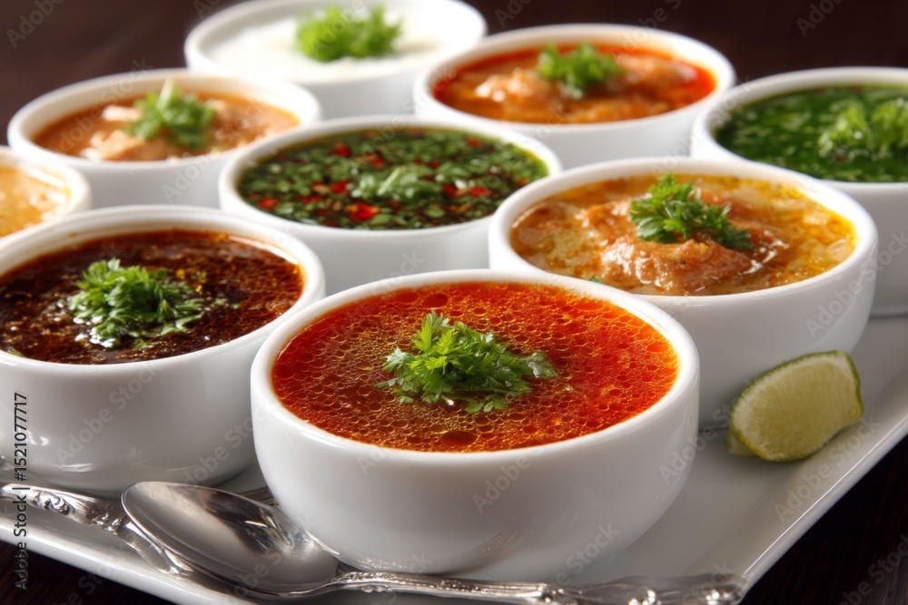 Poster delicious array of colorful curries served in small bowls on a platter garnished with fresh herbs