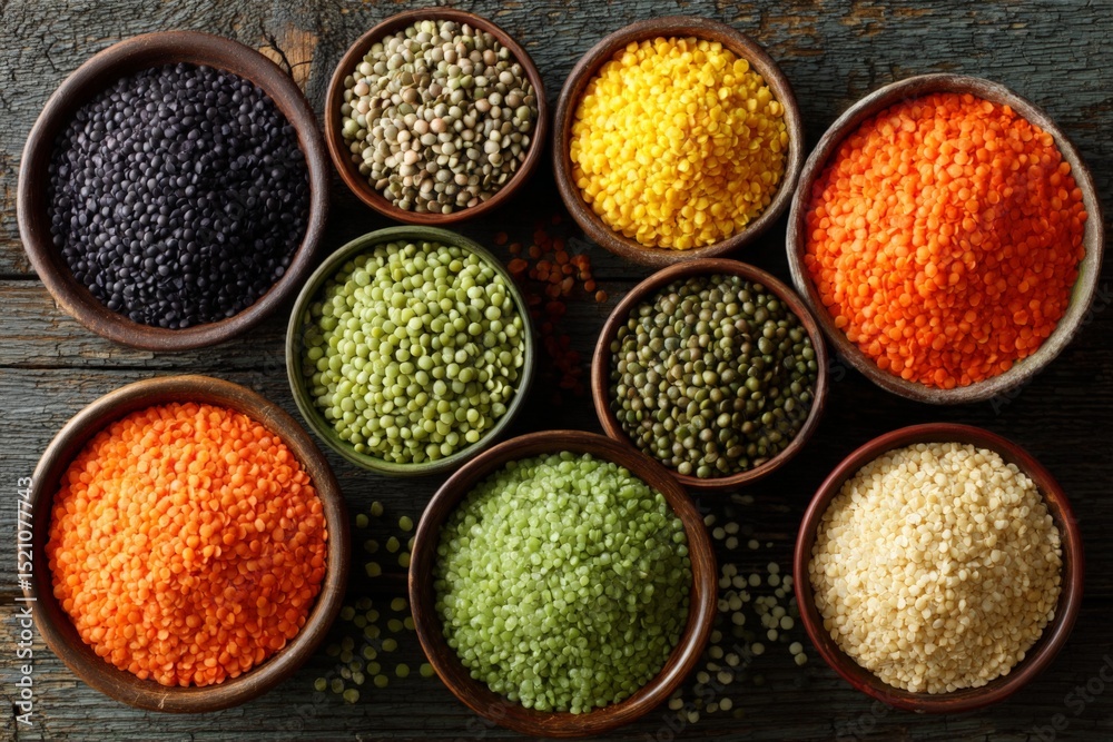 Poster variety of colorful lentils and grains displayed in bowls on rustic wooden table